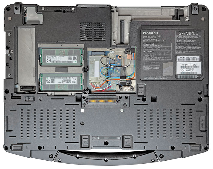 Panasonic Toughbook 56 underside with access covers and expansion module removed